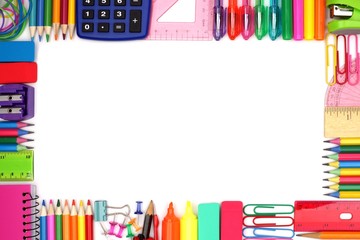Back to School school supplies frame against a white background