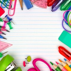 Colorful school supplies square frame over a lined paper background