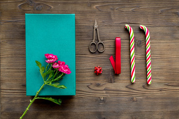 wrapping gifts in box for holiday top view mock up