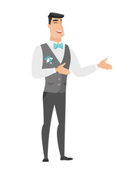 Young caucasian happy groom gesturing.