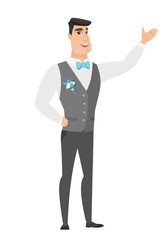 Caucasian groom showing a direction.