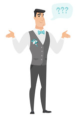 Caucasian confused groom with spread arms.
