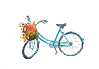 Retro blue bicycle with flowers in basket on white background, watercolor illustrator