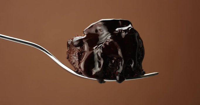 closeup of piece of chocolate cake on a fork