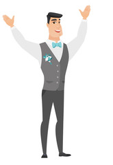 Successful caucasian groom jumping.