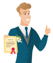 Young caucasian groom holding a certificate