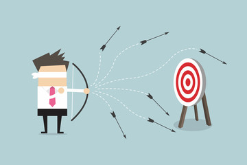 Blindfold businessman loser shooting arrow. vector