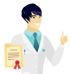 Young asian doctor holding a certificate