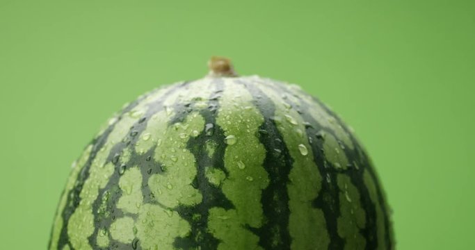 watermelon covered by drops of water rotating on green background