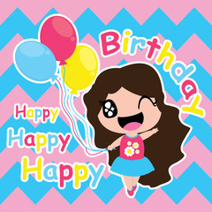 Cute girl with colorfull balloons on chevron background, vector carton, for kid birthday card, postcard, and invitation card