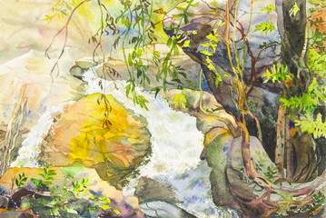  Landscape painting colorful of waterfall on the mountain
