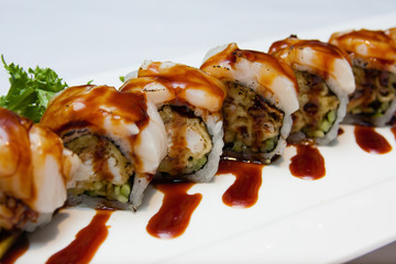 close-up scallop sushi roll