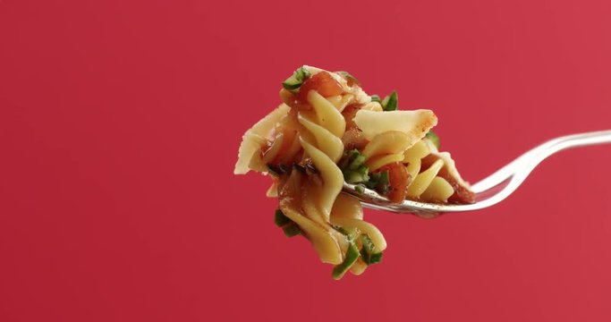 fusilli macaroni pasta on a fork closeup
