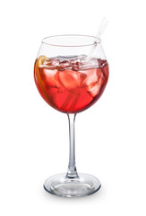Red cocktail with ice and orange slice isolated on white background