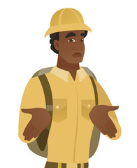 African confused traveler shrugging shoulders.