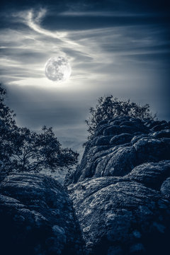 Landscape of night sky with full moon,  serenity nature background.