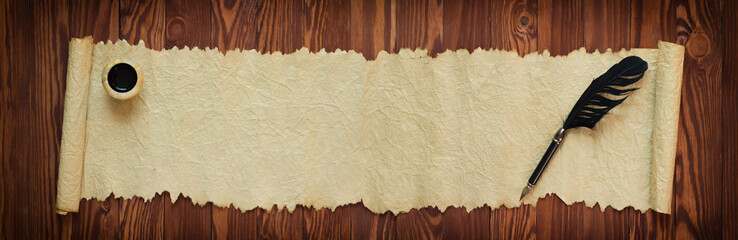 papyrus scrolls with ink and pen, panorama