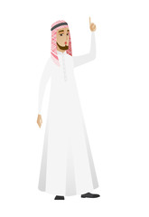 Businessman with open mouth pointing finger up.