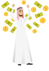 Happy busiess woman under money rain.