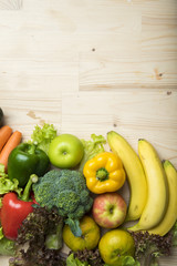Vegetables and fruits on wood table ,Healthy food concept