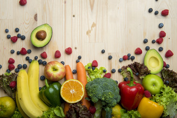 Vegetables and fruits on wood table ,Healthy food concept