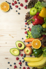 Vegetables and fruits on wood table ,Healthy food concept