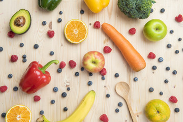 Vegetables and fruits on wood table ,Healthy food concept