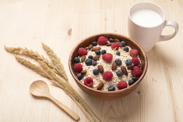 Healthy breakfast ingredients on wood table, Healthy food concept