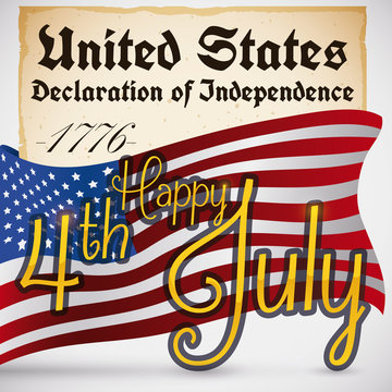 American Flag over Scroll with Historical Declaration of Independence Day, Vector Illustration
