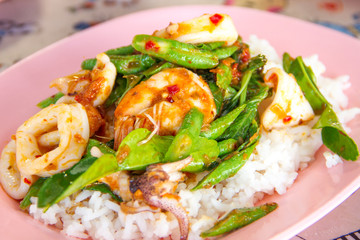 Fried chilly paste with shrimp and  calamari cooked rice