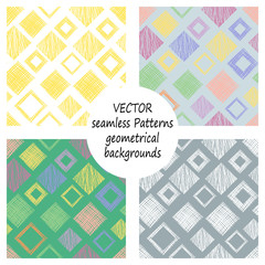 Set of seamless vector geometrical patterns with geometric figures, forms. pastel endless background with hand drawn textured geometric figures. Graphic vector illustration