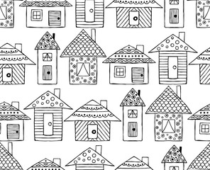 Fototapeta premium Vector hand drawn seamless pattern, decorative stylized black and white childish houses. Doodle sketch style, graphic illustration, background. Ornamental cute hand drawing. Line drawing.