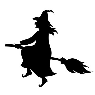 Witch on broom fly silhouette
