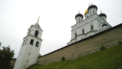 View of the Pskov Kremlin and its walls from the embankment of the river Pskova