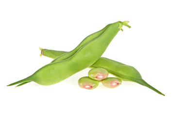 Obraz premium Fresh young pods of beans with beans on white background