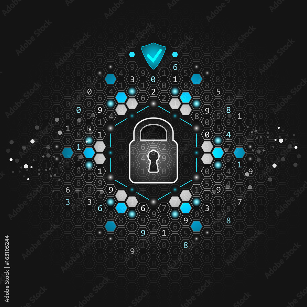 Poster global security concept. abstract dark technological background. lock, hexagon and circuit board. ve
