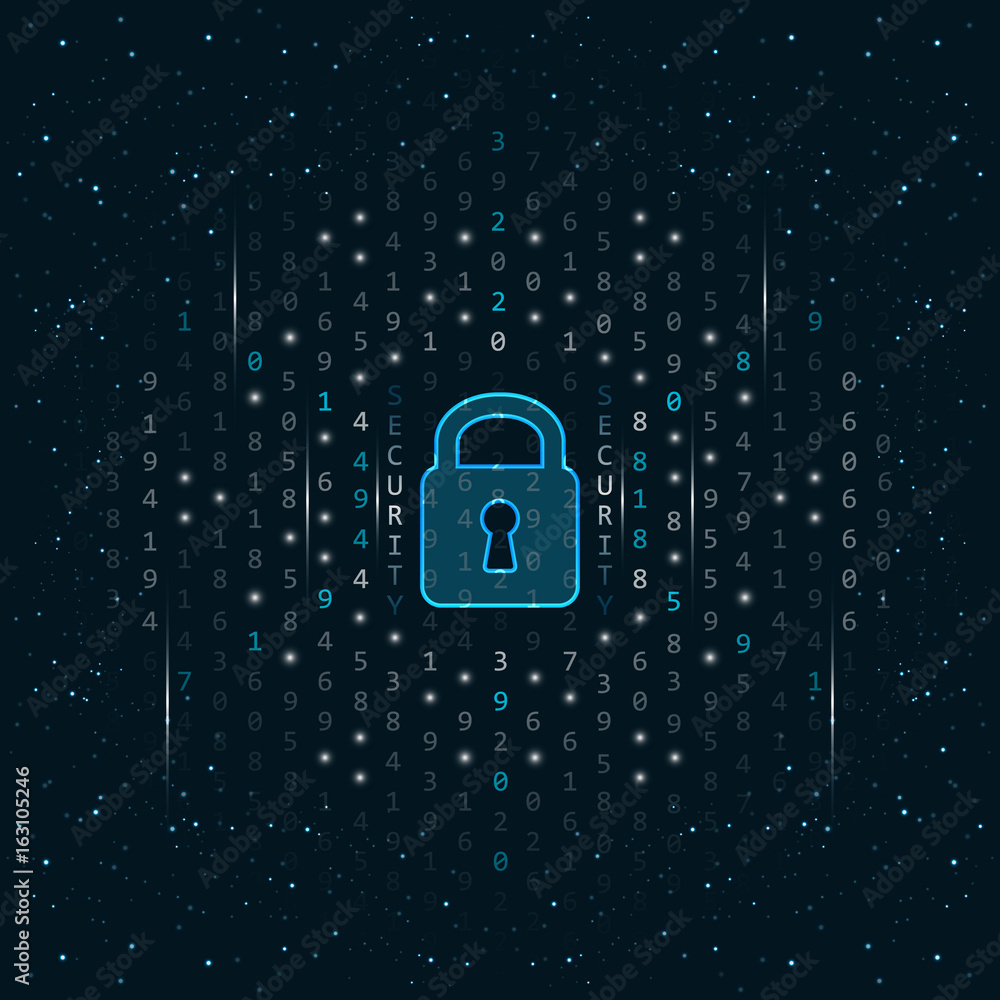 Poster closed lock on dark abstract vector background. global security concept design with glitter, numbers