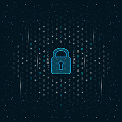 Closed lock on dark abstract vector background. Global security concept design with glitter, numbers and glowing lines.