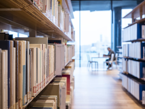 Library Book shelf with people reading Interior Education background