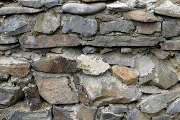Old textured gray background of a wall of stone and cement.