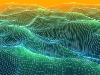 3d illustration of wireframe waves mesh. Landscape geometric background.