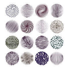 Collection of hand drawn textures. The art of design elements: circles, brush, wavy lines, abstract backgrounds, patterns. Vector illustration. Isolated on white background. Freehand drawing.