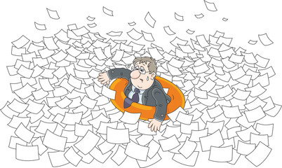Clerk in a lifebuoy among waves in sea of paper