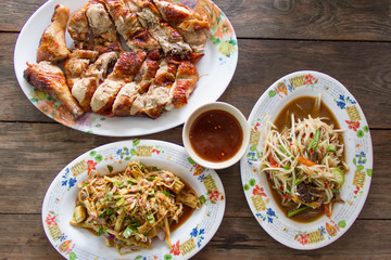 Food in the Northeast of Thailand.Placed on a wooden table