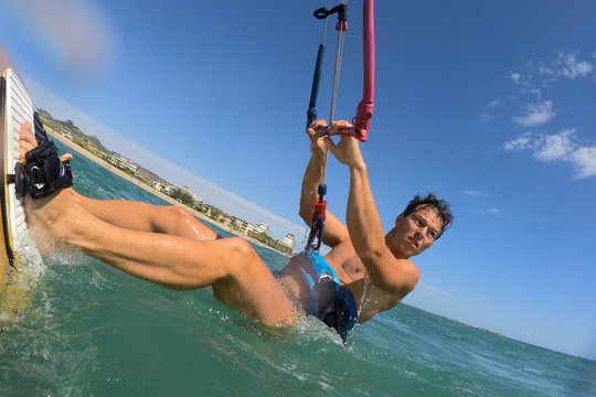 Kite surf lesson: take off. Action cam view