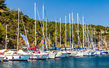 Sailboats in the port of Gaios on Paxos island nearby Corfu, Greece, Europe.