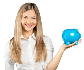 Happy young woman with a money box isolated on white