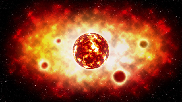 The sun explosion and planet on space . illustration .