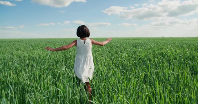 little girl in a white dress running through green wheat field, back view, slow motion, Steadicam shot