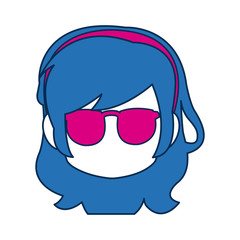 chibi anime girl face blue hair glasses